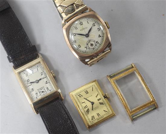 A gentlemans 1930s 9ct gold Titus manual wind rectangular cased wrist watch, one other 9ct gold watch and a gold plated watch.